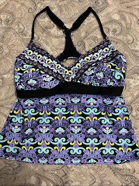 Beach Native Patterned Racerback Tankini Top in Purple & Aqua, size 36/C, 34/D